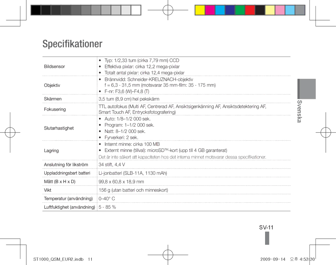 Samsung EC-ST1000BPUE2, EC-ST1000BPSE1, EC-ST1000BPRFR, EC-ST1000BPBFR, EC-ST1000BPBE1 manual Specifikationer, SV-11, Vikt 