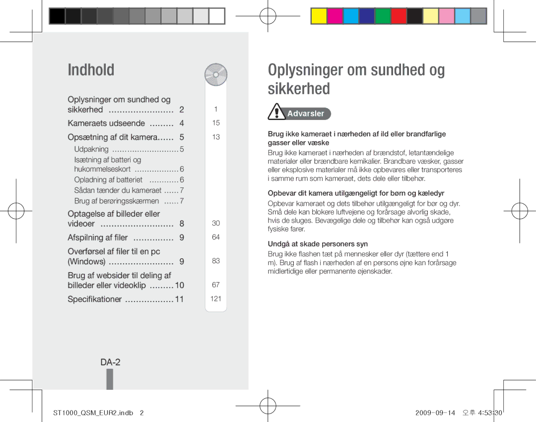 Samsung EC-ST1000BPRRU, EC-ST1000BPSE1, EC-ST1000BPRFR manual Indhold, Oplysninger om sundhed og sikkerhed, DA-2, Advarsler 