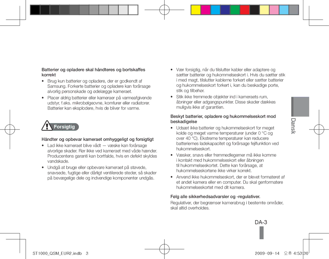 Samsung EC-ST1000BPURU, EC-ST1000BPSE1 manual DA-3, Batterier og opladere skal håndteres og bortskaffes korrekt, Forsigtig 