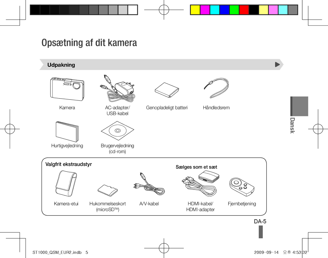 Samsung EC-ST1000BPGRU, EC-ST1000BPSE1, EC-ST1000BPRFR manual Opsætning af dit kamera, Udpakning, Valgfrit ekstraudstyr, DA-5 