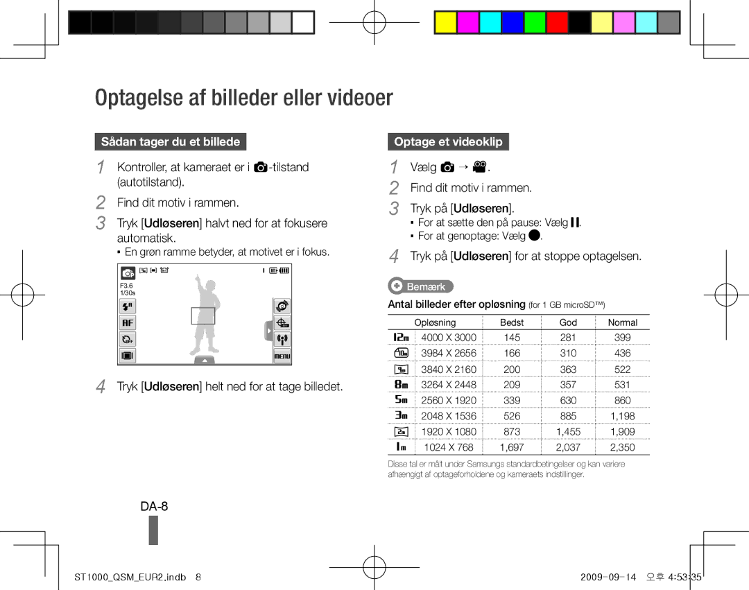 Samsung EC-ST1000BPRFR manual Optagelse af billeder eller videoer, DA-8, Sådan tager du et billede, Optage et videoklip 