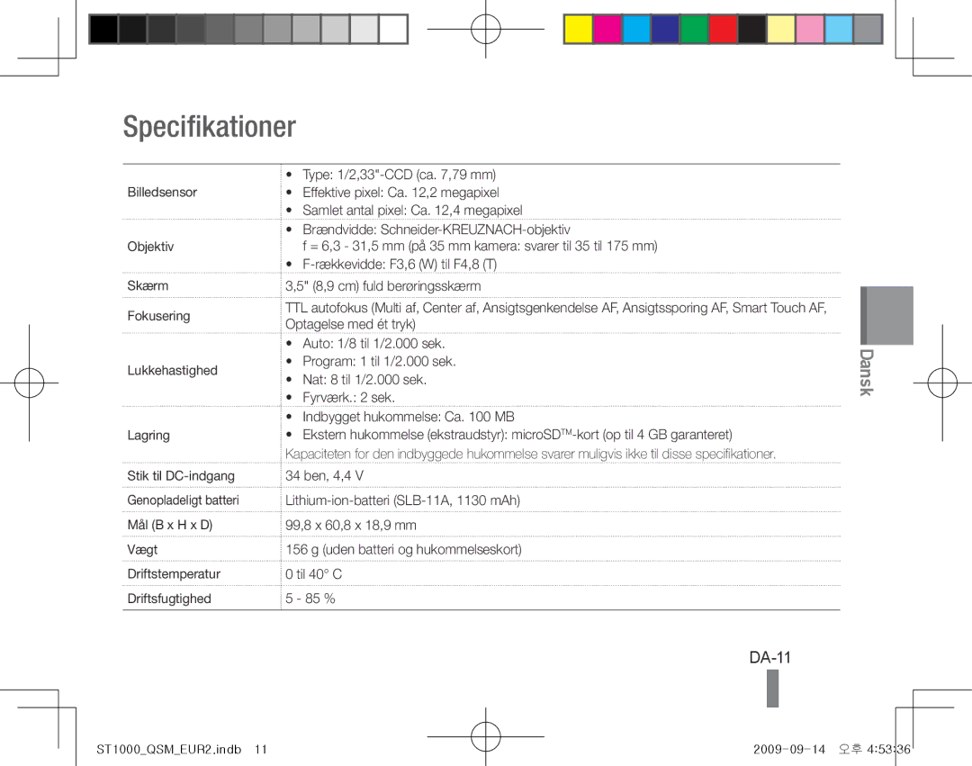 Samsung EC-ST1000BPUFR, EC-ST1000BPSE1, EC-ST1000BPRFR, EC-ST1000BPBFR, EC-ST1000BPBE1, EC-ST1000BPSFR Specifikationer, DA-11 