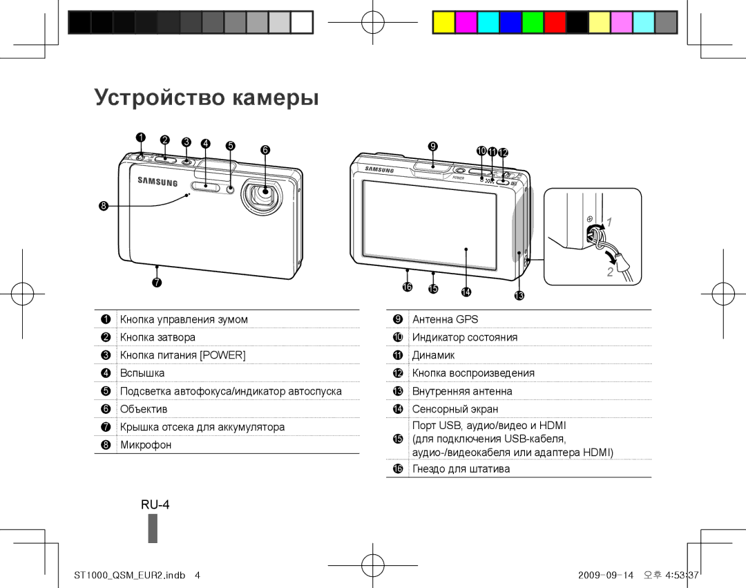 Samsung EC-ST1000BPBIT, EC-ST1000BPSE1, EC-ST1000BPRFR, EC-ST1000BPBFR manual Устройство камеры, RU-4, 16 Гнездо для штатива 