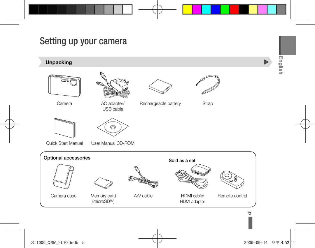 Samsung EC-ST1000BPSFR, EC-ST1000BPSE1, EC-ST1000BPRFR, EC-ST1000BPBFR, EC-ST1000BPBE1 manual Setting up your camera, Unpacking 