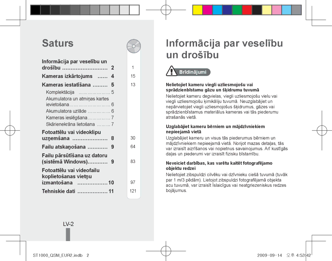 Samsung EC-ST1000BPGME, EC-ST1000BPSE1, EC-ST1000BPRFR manual Saturs, Informācija par veselību un drošību, LV-2, Brīdinājumi 