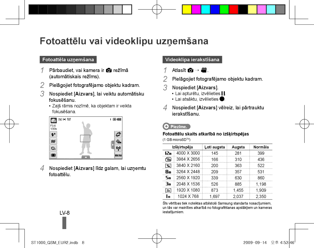 Samsung EC-ST1000BPGVN manual Fotoattēlu vai videoklipu uzņemšana, LV-8, Fotoattēla uzņemšana, Videoklipa ierakstīšana 