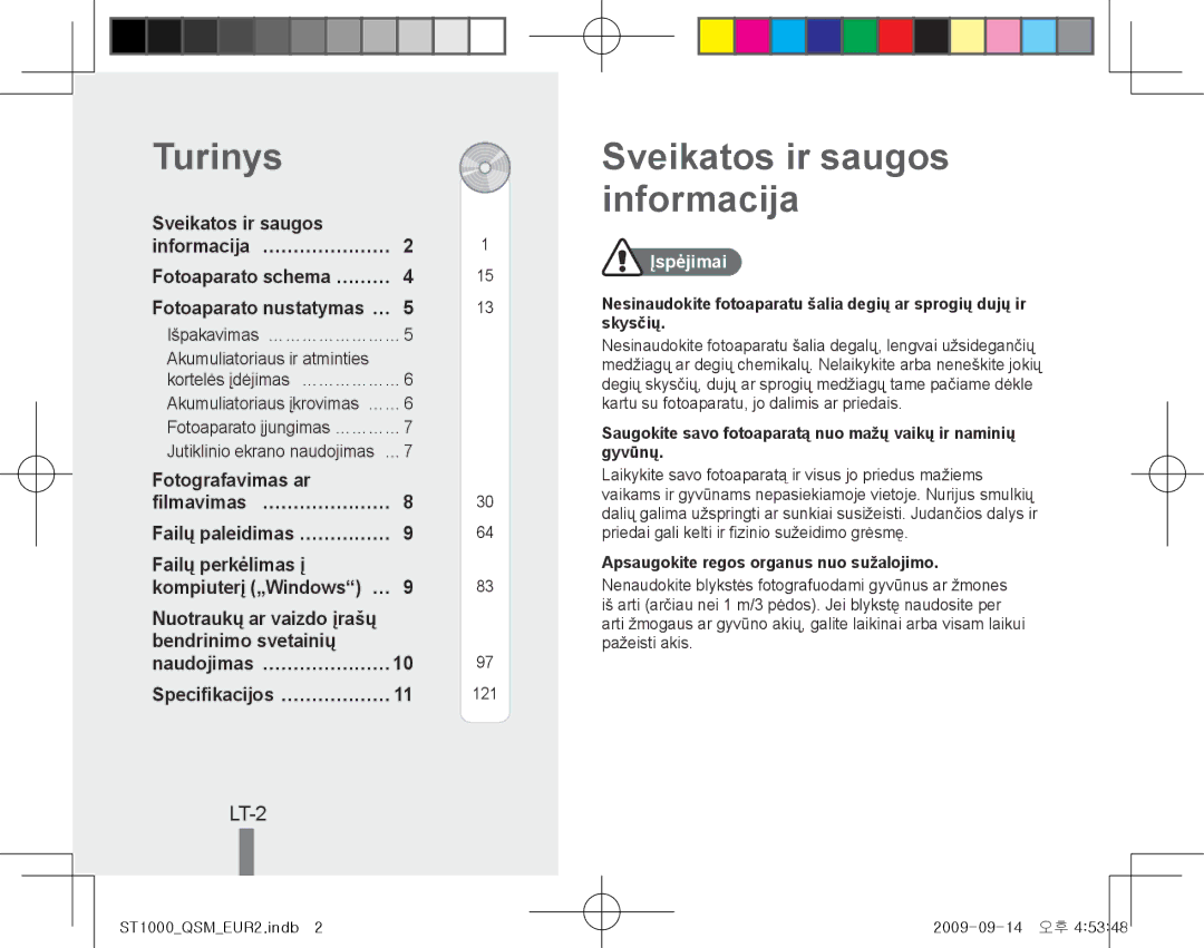 Samsung EC-ST1000BPGE3, EC-ST1000BPSE1, EC-ST1000BPRFR manual Turinys, Sveikatos ir saugos informacija, LT-2, Įspėjimai 