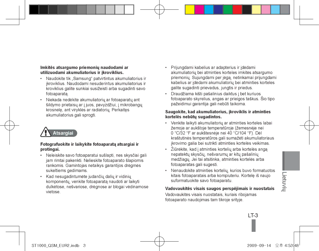 Samsung EC-ST1000BPRE3, EC-ST1000BPSE1, EC-ST1000BPRFR, EC-ST1000BPBFR, EC-ST1000BPBE1, EC-ST1000BPUFR manual LT-3, Atsargiai 