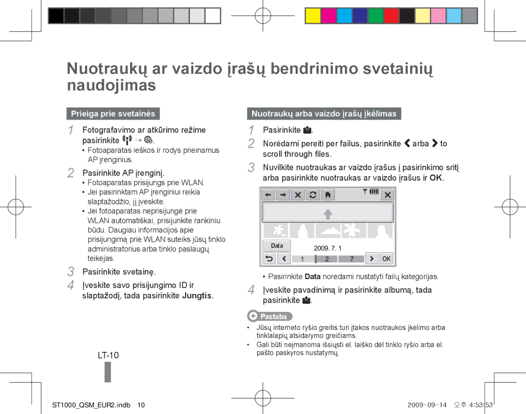 Samsung EC-ST1000BPURU manual Nuotraukų ar vaizdo įrašų bendrinimo svetainių naudojimas, LT-10, Prieiga prie svetainės 