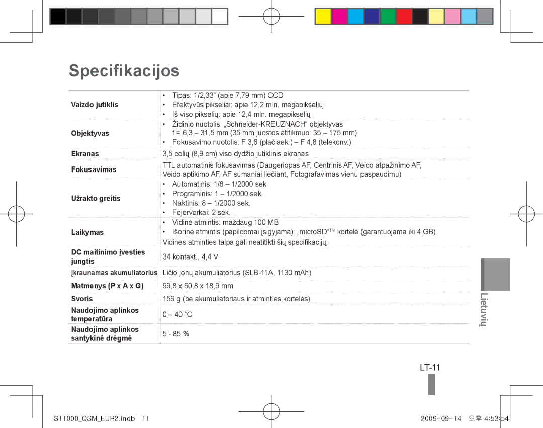 Samsung EC-ST1000BPBRU, EC-ST1000BPSE1, EC-ST1000BPRFR, EC-ST1000BPBFR, EC-ST1000BPBE1, EC-ST1000BPUFR Specifikacijos, LT-11 