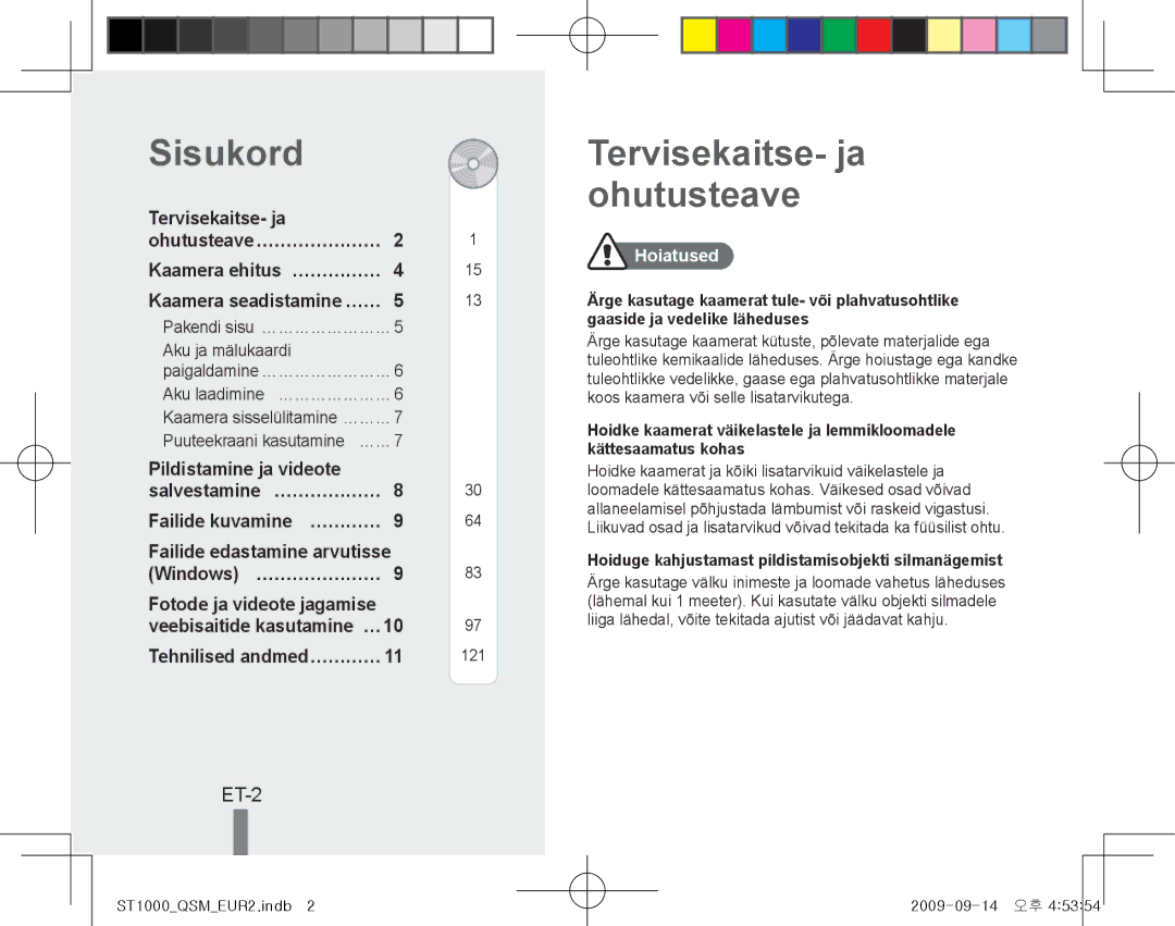 Samsung EC-ST1000BPGRU, EC-ST1000BPSE1 Sisukord, Tervisekaitse- ja ohutusteave, ET-2, Tehnilised andmed…………, Hoiatused 