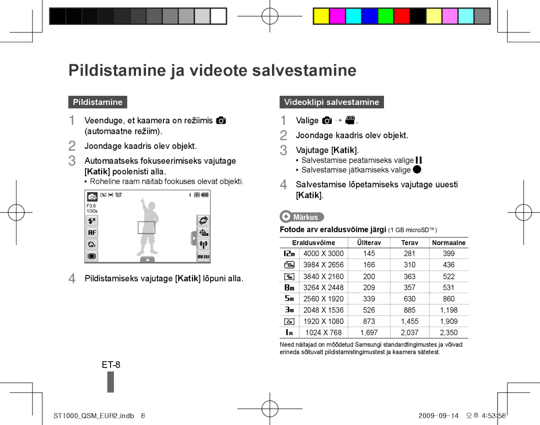 Samsung EC-ST1000BPUFR, EC-ST1000BPSE1 manual Pildistamine ja videote salvestamine, ET-8, Videoklipi salvestamine, Katik 