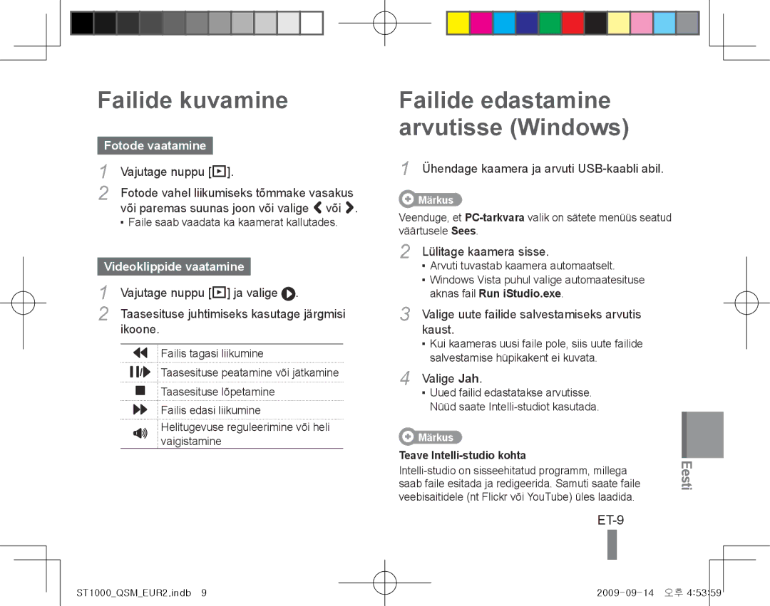 Samsung EC-ST1000BPSFR, EC-ST1000BPSE1 manual Failide kuvamine, Failide edastamine arvutisse Windows, ET-9, Fotode vaatamine 