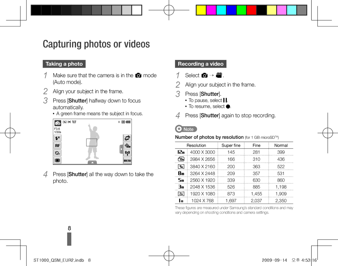 Samsung EC-ST1000BPGIT, EC-ST1000BPSE1, EC-ST1000BPRFR manual Capturing photos or videos, Taking a photo, Recording a video 