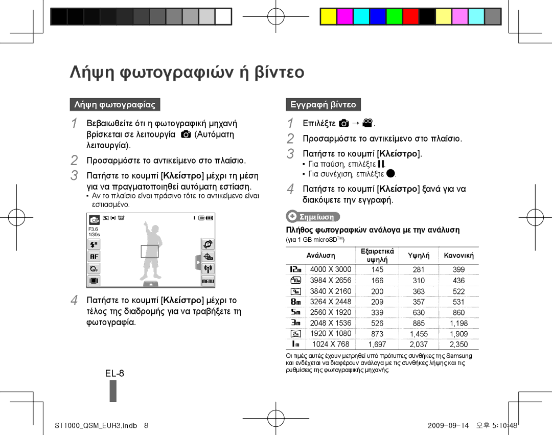 Samsung EC-ST1000BPBRU, EC-ST1000BPSE1, EC-ST1000BPRFR Λήψη φωτογραφιών ή βίντεο, EL-8, Λήψη φωτογραφίας, Εγγραφή βίντεο 