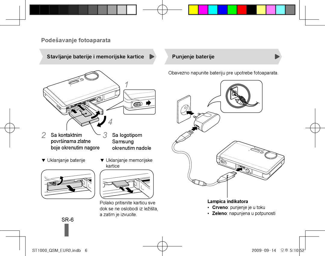 Samsung EC-ST1000BPSFR manual SR-6, Stavljanje baterije i memorijske kartice, Punjenje baterije, Lampica indikatora 