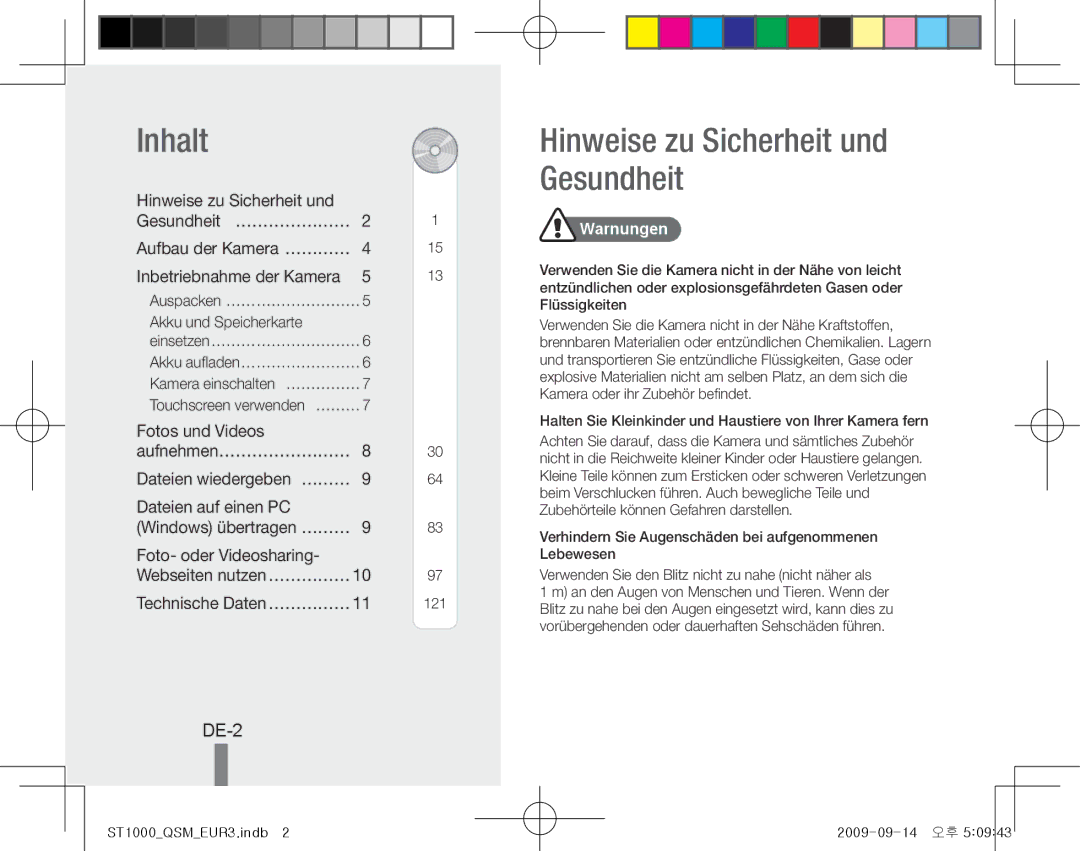 Samsung EC-ST1000BPSSA, EC-ST1000BPSE1, EC-ST1000BPRFR, EC-ST1000BPBFR Inhalt, Hinweise zu Sicherheit und Gesundheit, DE-2 