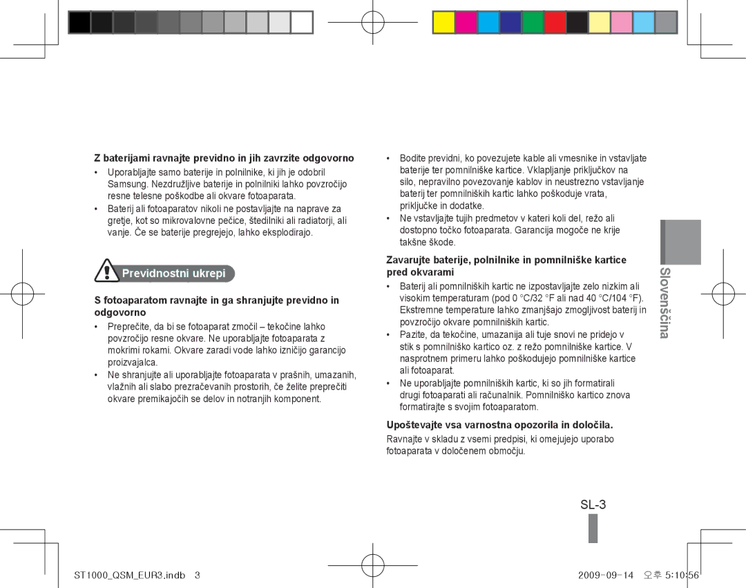 Samsung EC-ST1000BPSSA manual SL-3, Previdnostni ukrepi, Pred okvarami, Upoštevajte vsa varnostna opozorila in določila 