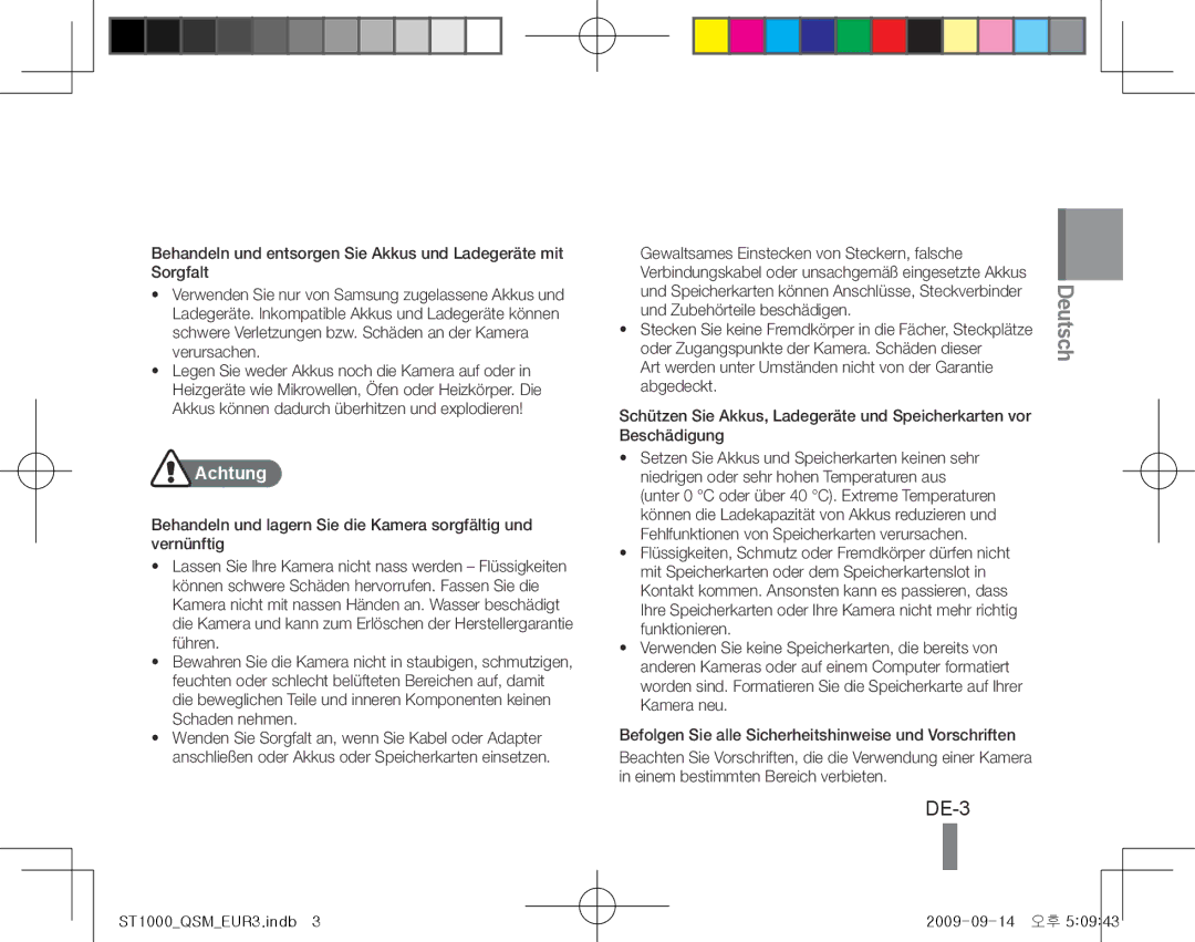 Samsung EC-ST1000BPSME, EC-ST1000BPSE1, EC-ST1000BPRFR, EC-ST1000BPBFR, EC-ST1000BPBE1, EC-ST1000BPUFR manual DE-3, Achtung 