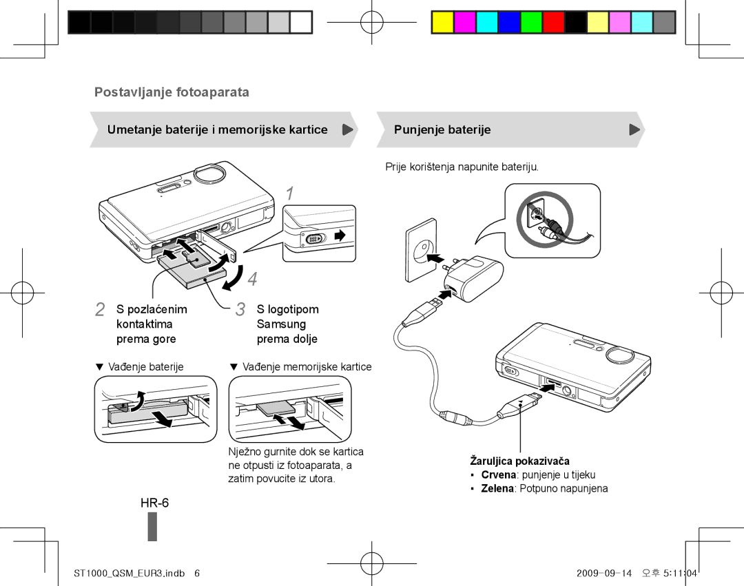 Samsung EC-ST1000BPGE3 manual HR-6, Umetanje baterije i memorijske kartice, Punjenje baterije, Žaruljica pokazivača 