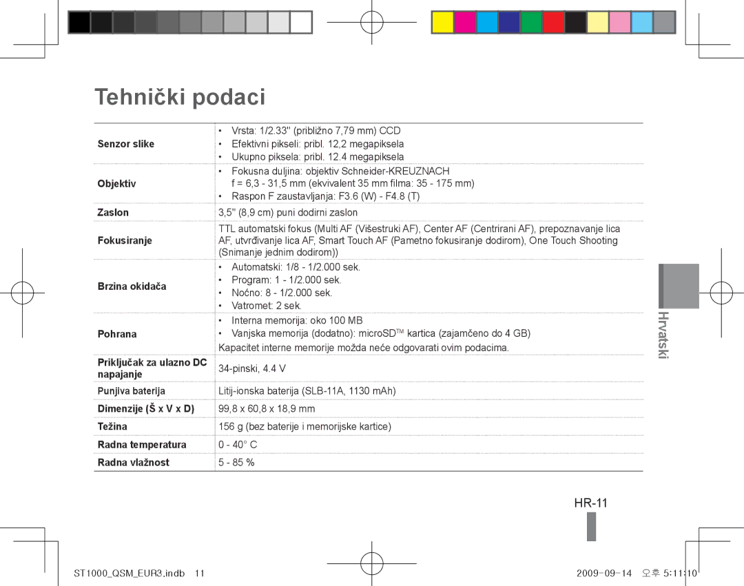 Samsung EC-ST1000BPSE2, EC-ST1000BPSE1, EC-ST1000BPRFR, EC-ST1000BPBFR, EC-ST1000BPBE1, EC-ST1000BPUFR Tehnički podaci, HR-11 