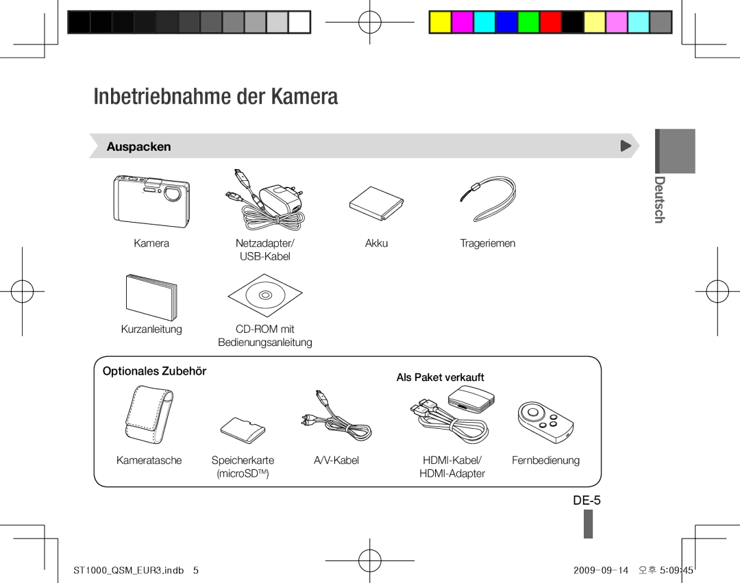 Samsung EC-ST1000BPGME, EC-ST1000BPSE1, EC-ST1000BPRFR manual Inbetriebnahme der Kamera, DE-5, Auspacken, Optionales Zubehör 