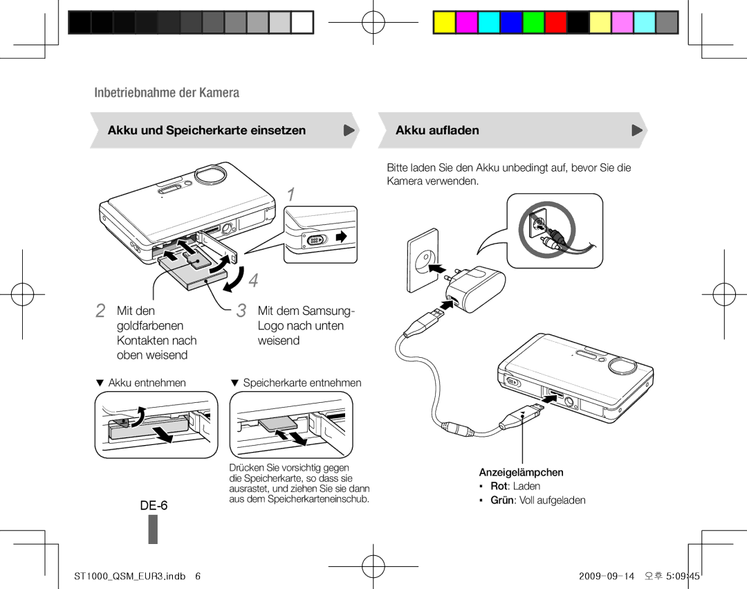 Samsung EC-ST1000BPRME, EC-ST1000BPSE1, EC-ST1000BPRFR manual DE-6, Akku und Speicherkarte einsetzen, Mit den, Akku aufladen 
