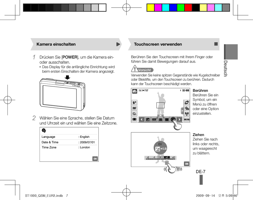 Samsung EC-ST1000BPBME, EC-ST1000BPSE1 DE-7, Kamera einschalten, Drücken Sie POWER, um die Kamera ein- oder ausschalten 