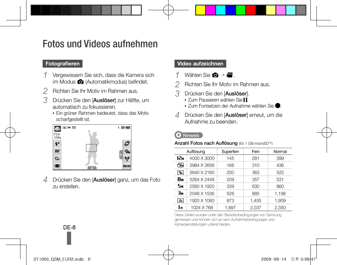 Samsung EC-ST1000BPRVN, EC-ST1000BPSE1, EC-ST1000BPRFR, EC-ST1000BPBFR, EC-ST1000BPBE1 DE-8, Fotografieren, Video aufzeichnen 