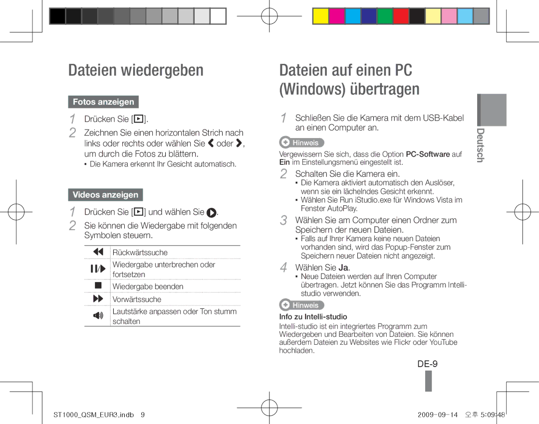 Samsung EC-ST1000BPUVN, EC-ST1000BPSE1, EC-ST1000BPRFR manual Dateien wiedergeben, DE-9, Fotos anzeigen, Videos anzeigen 