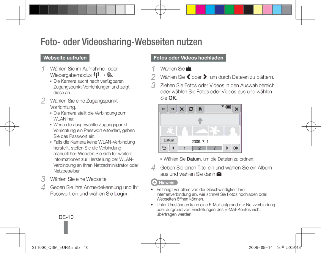 Samsung EC-ST1000BPBVN Foto- oder Videosharing-Webseiten nutzen, DE-10, Webseite aufrufen, Fotos oder Videos hochladen 