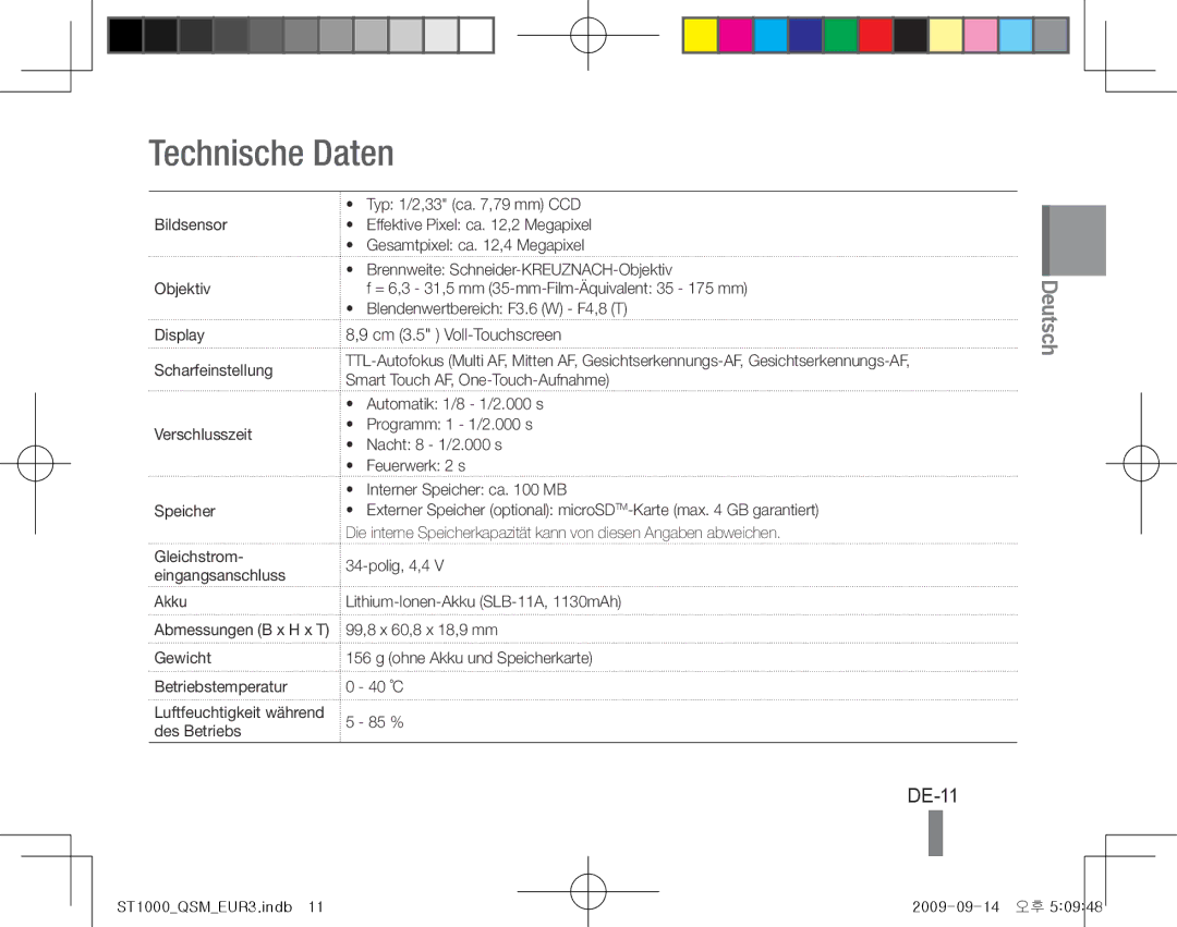 Samsung EC-ST1000BPGVN, EC-ST1000BPSE1, EC-ST1000BPRFR, EC-ST1000BPBFR, EC-ST1000BPBE1, EC-ST1000BPUFR Technische Daten, DE-11 