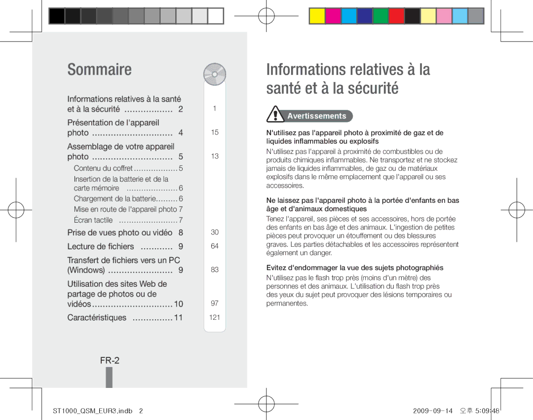 Samsung EC-ST1000BPSVN, EC-ST1000BPSE1 Sommaire, Informations relatives à la santé et à la sécurité, FR-2, Avertissements 