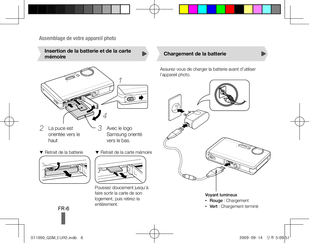 Samsung EC-ST1000BPRE3 FR-6, Insertion de la batterie et de la carte mémoire, La puce est Avec le logo Orientée vers le 