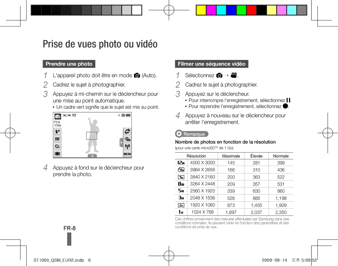 Samsung EC-ST1000BPBE2, EC-ST1000BPSE1 Prise de vues photo ou vidéo, FR-8, Prendre une photo, Filmer une séquence vidéo 