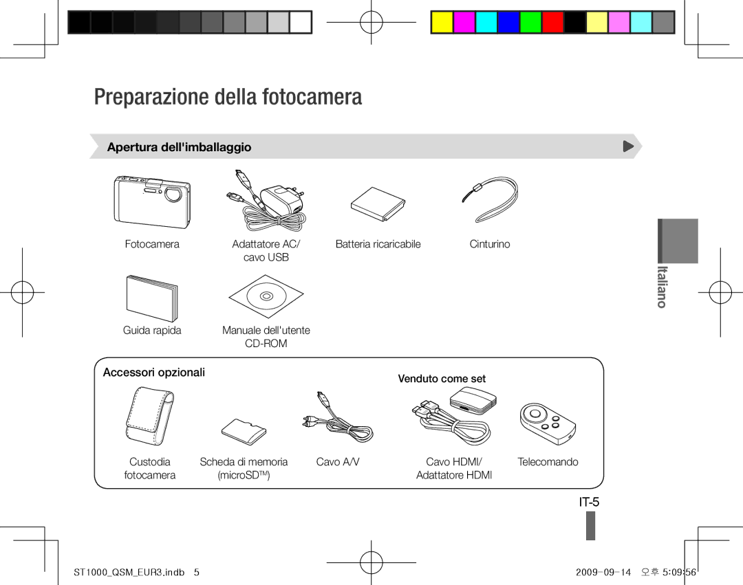 Samsung EC-ST1000BPGRU, EC-ST1000BPSE1 Preparazione della fotocamera, IT-5, Apertura dellimballaggio, Accessori opzionali 