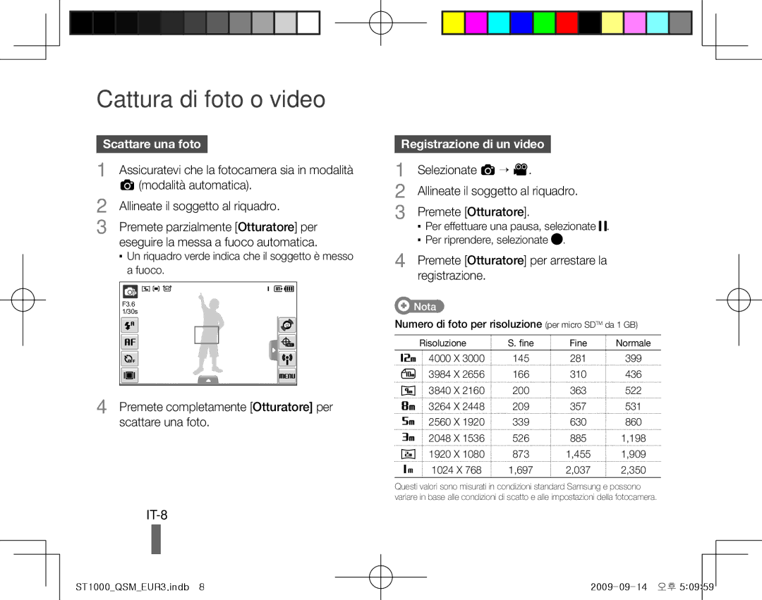 Samsung EC-ST1000BPRFR, EC-ST1000BPSE1 manual Cattura di foto o video, IT-8, Scattare una foto, Registrazione di un video 