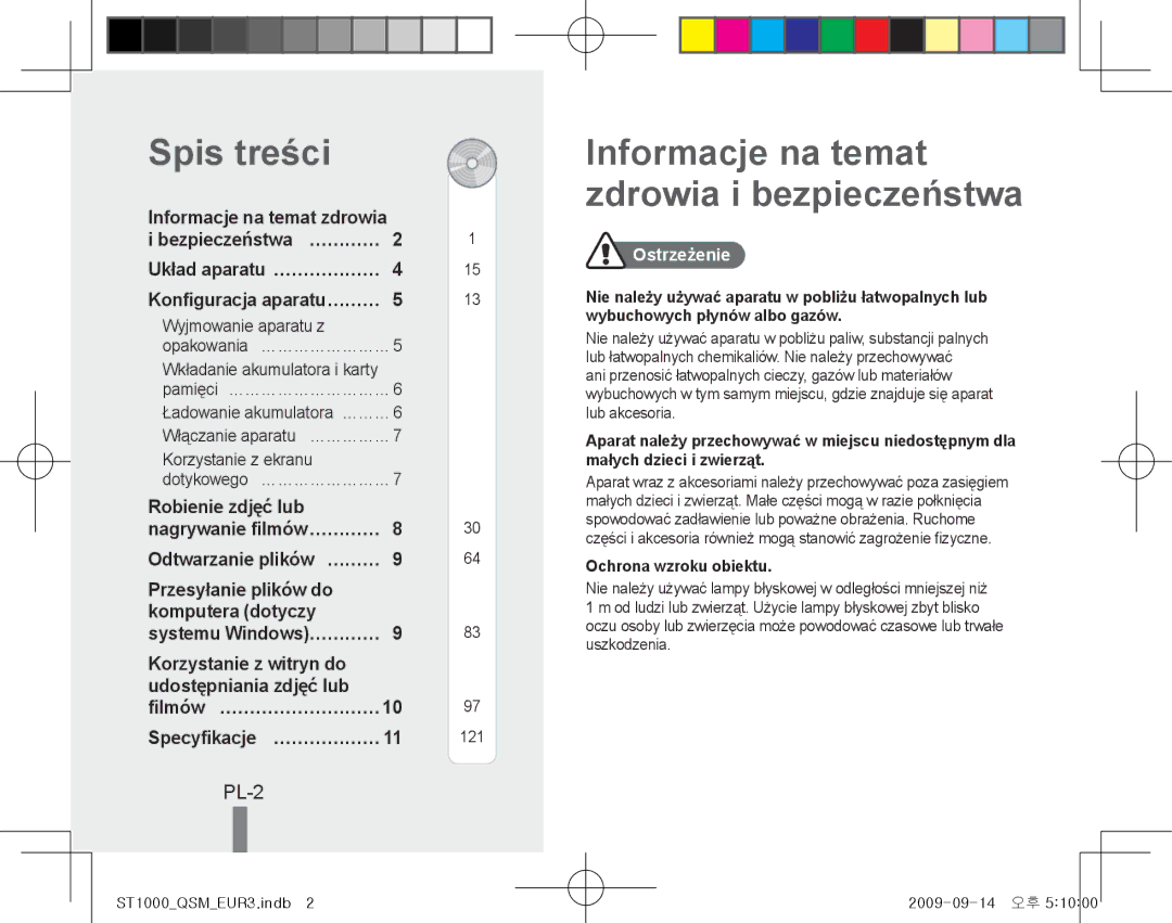 Samsung EC-ST1000BPSFR, EC-ST1000BPSE1 manual Spis treści, Informacje na temat zdrowia i bezpieczeństwa, PL-2, Ostrzeżenie 