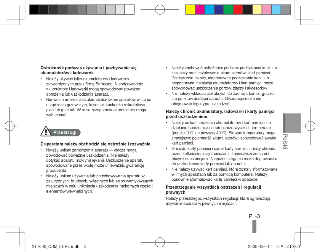 Samsung EC-ST1000BPRE1, EC-ST1000BPSE1 manual PL-3, Przestrogi, Przestrzeganie wszystkich ostrzeżeń i regulacji prawnych 