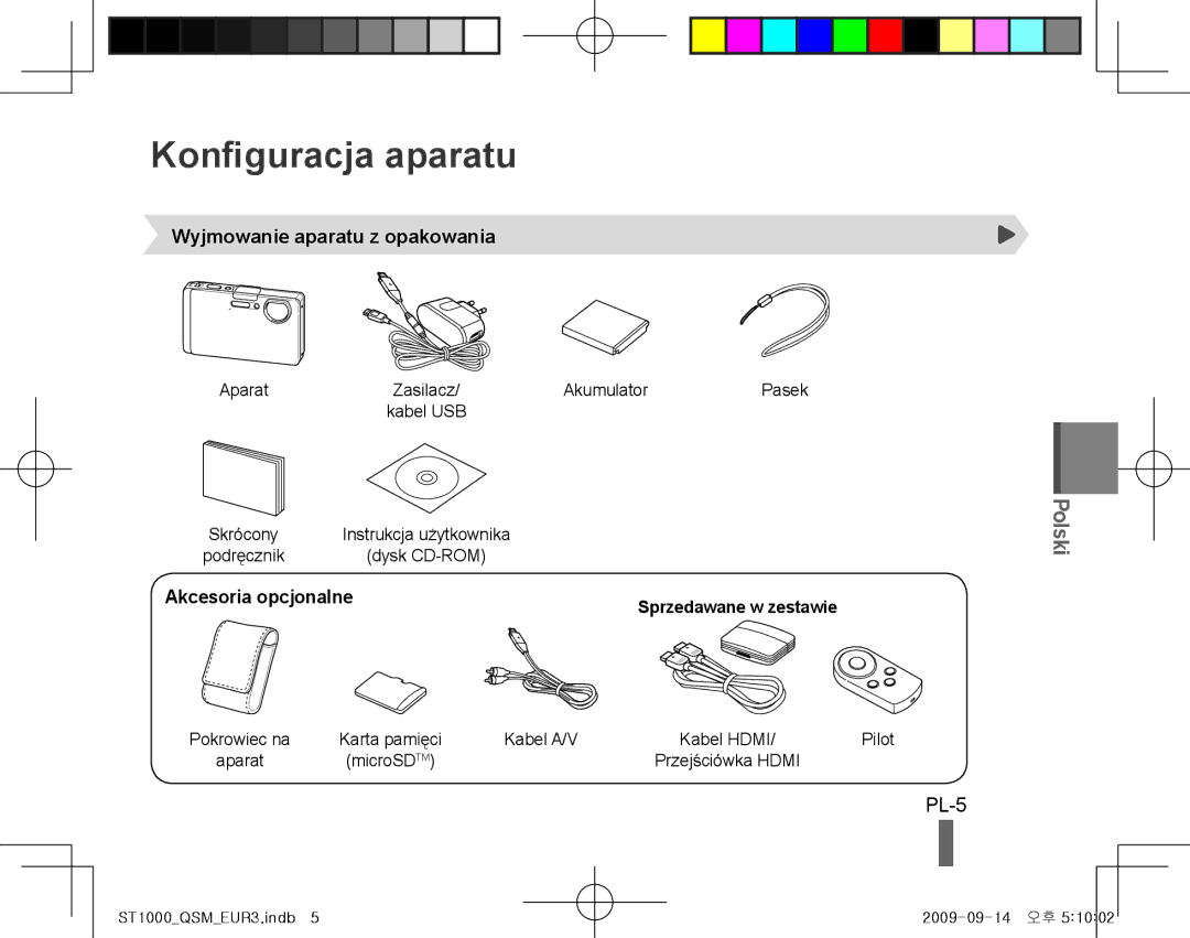 Samsung EC-ST1000BPGIT, EC-ST1000BPSE1 Konfiguracja aparatu, PL-5, Wyjmowanie aparatu z opakowania, Akcesoria opcjonalne 