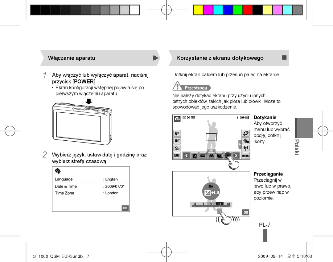 Samsung EC-ST1000BPGZA PL-7, Włączanie aparatu, Przycisk Power, Wybierz strefę czasową, Korzystanie z ekranu dotykowego 
