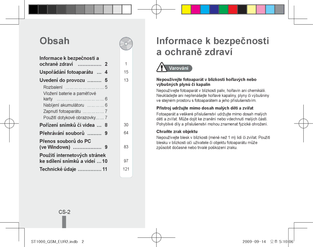 Samsung EC-ST1000BPGME, EC-ST1000BPSE1, EC-ST1000BPRFR manual Obsah, Informace k bezpečnosti a ochraně zdraví, CS-2, Varování 