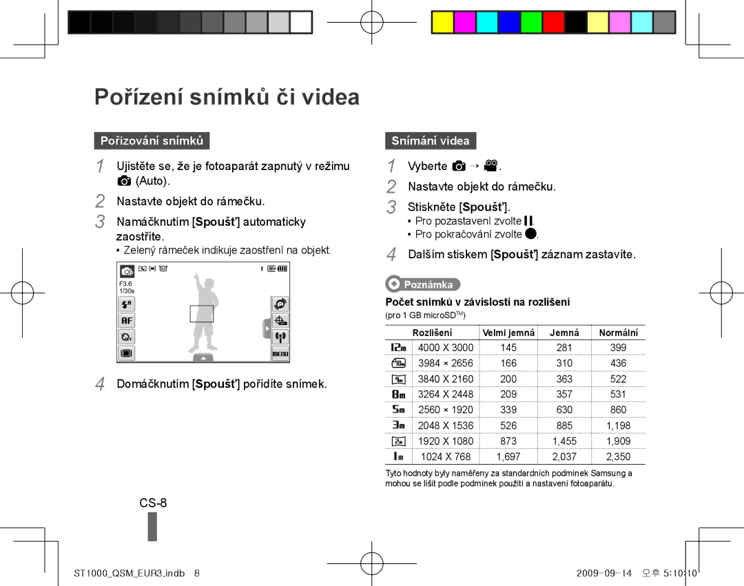 Samsung EC-ST1000BPGVN, EC-ST1000BPSE1, EC-ST1000BPRFR Pořízení snímků či videa, CS-8, Pořizování snímků, Snímání videa 