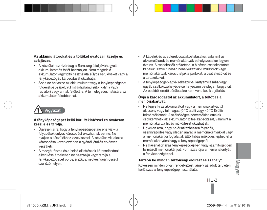 Samsung EC-ST1000BPSRU, EC-ST1000BPSE1, EC-ST1000BPRFR, EC-ST1000BPBFR, EC-ST1000BPBE1, EC-ST1000BPUFR manual HU-3, Vigyázat 