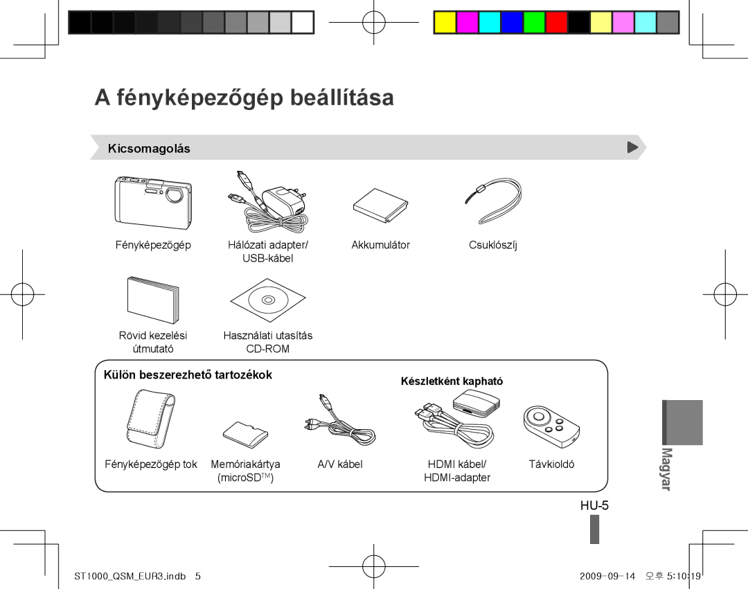 Samsung EC-ST1000BPRFR, EC-ST1000BPSE1 manual Fényképezőgép beállítása, HU-5, Kicsomagolás, Külön beszerezhető tartozékok 