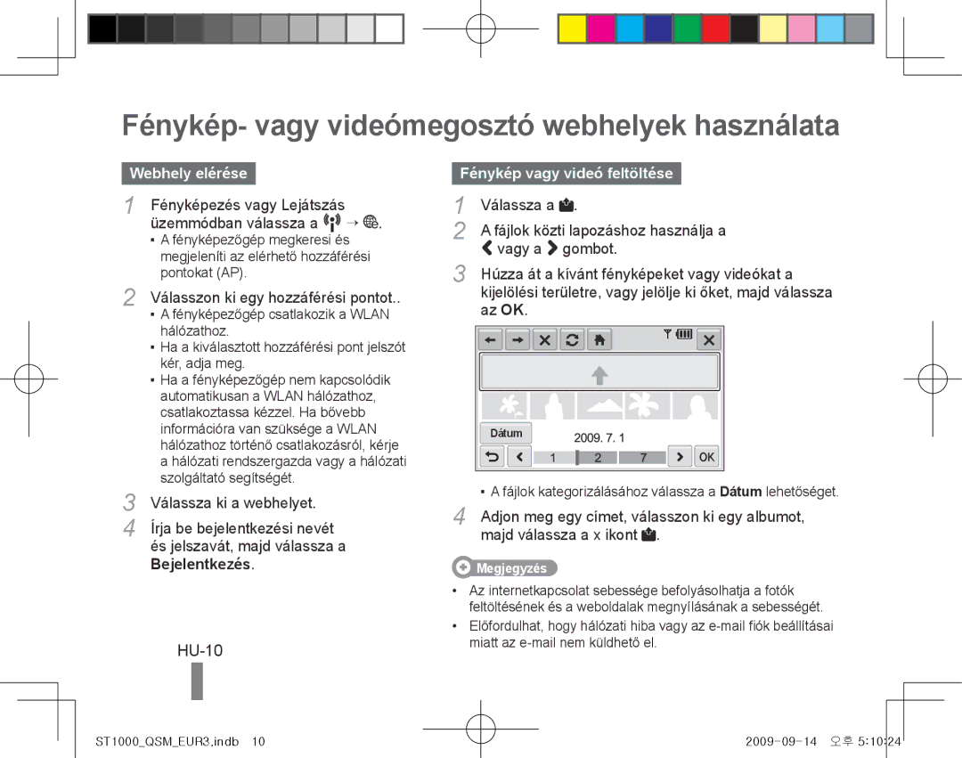 Samsung EC-ST1000BPRE1 manual Fénykép- vagy videómegosztó webhelyek használata, HU-10, Webhely elérése, Bejelentkezés 