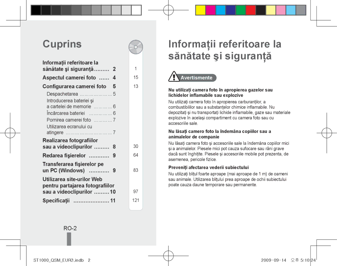 Samsung EC-ST1000BPGIT manual Cuprins, Informaţii referitoare la sănătate şi siguranţă, RO-2, Realizarea fotografiilor 