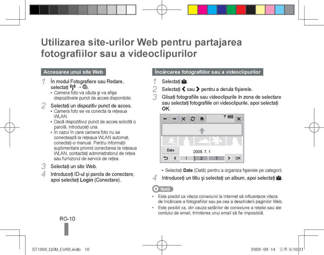 Samsung EC-ST1000BPRME, EC-ST1000BPSE1 manual RO-10, Accesarea unui site Web, Încărcarea fotografiilor sau a videoclipurilor 