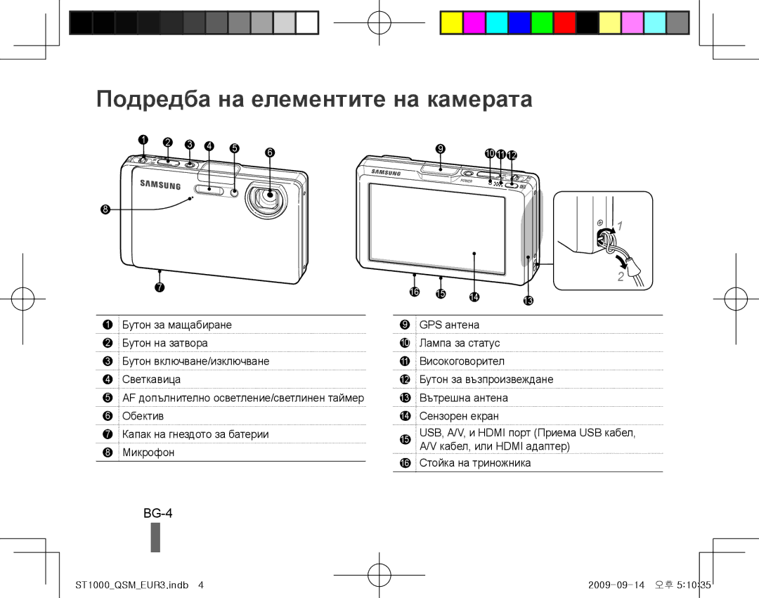 Samsung EC-ST1000BPBVN, EC-ST1000BPSE1, EC-ST1000BPRFR, EC-ST1000BPBFR manual Подредба на елементите на камерата, BG-4 