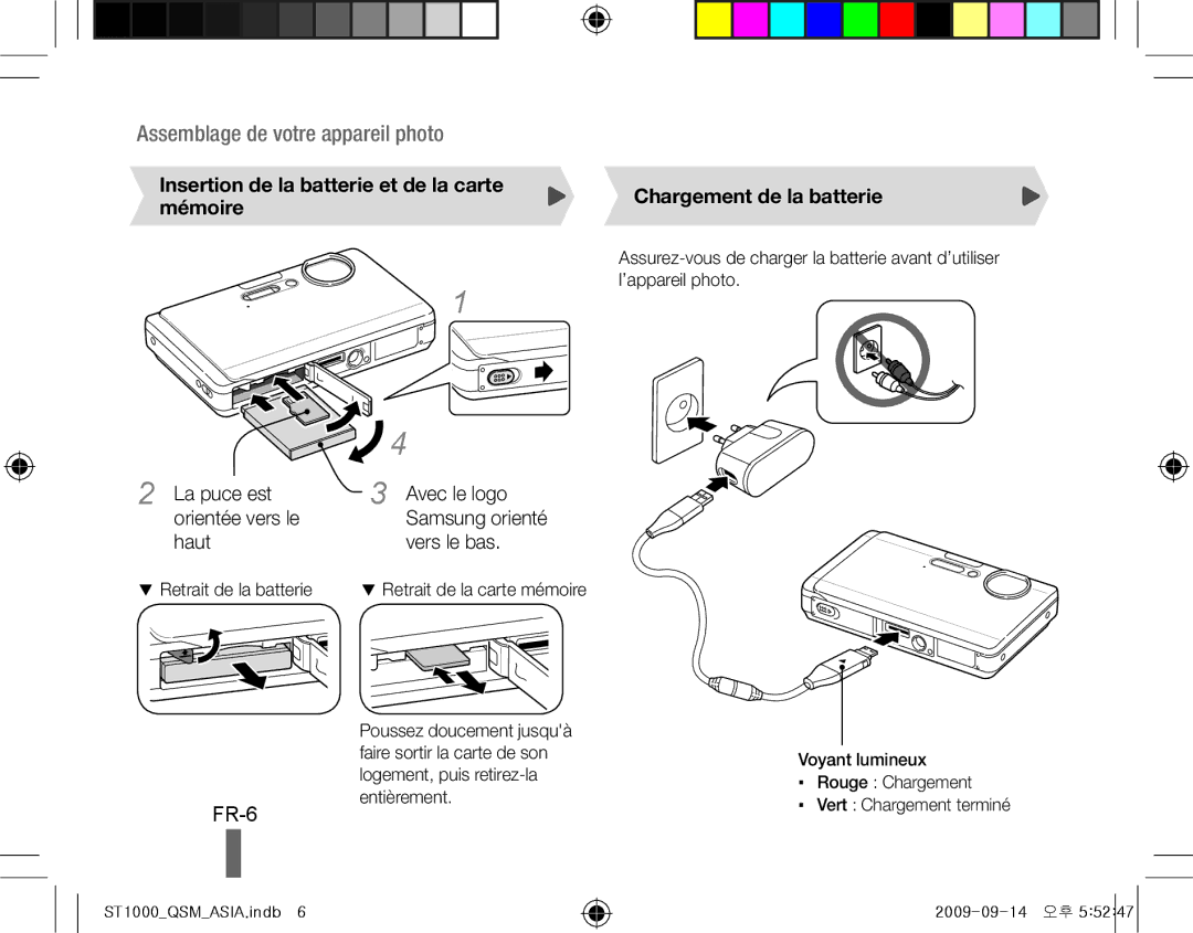 Samsung EC-ST1000BPRME FR-6, Insertion de la batterie et de la carte mémoire, La puce est Avec le logo Orientée vers le 